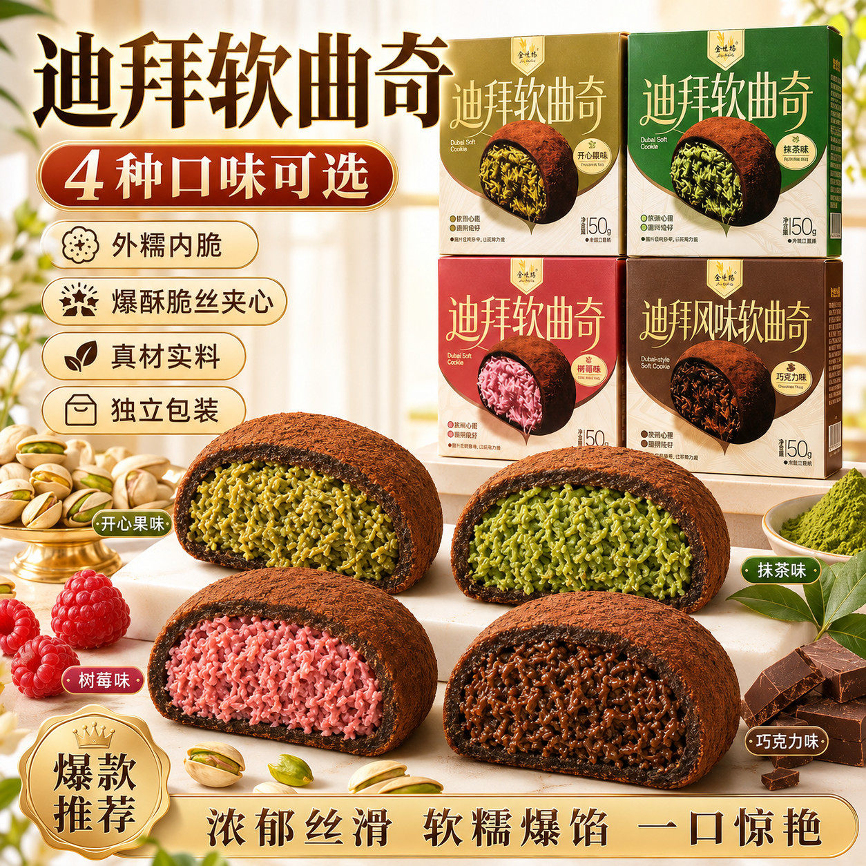 超值8盒】迪拜软曲奇开心果抹茶树莓巧克力夹心糯脆酥脆宿舍零食