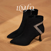 法式 高级感水钻细跟马丁靴 气质绒面尖头高跟短靴女2026年秋冬新款