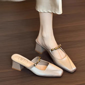 包头拖鞋 新款 时尚 女外穿2026夏季 粗跟半拖 凉拖鞋 无后跟方头穆勒鞋