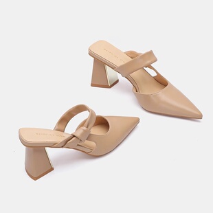 品牌鞋尖头半拖鞋女2026夏外穿一字带粗跟包头高跟凉鞋百搭穆勒鞋