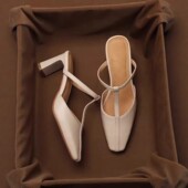 高跟穆勒鞋 软皮复古方头粗跟包头半拖鞋 外穿凉鞋 新款 女2026年夏季