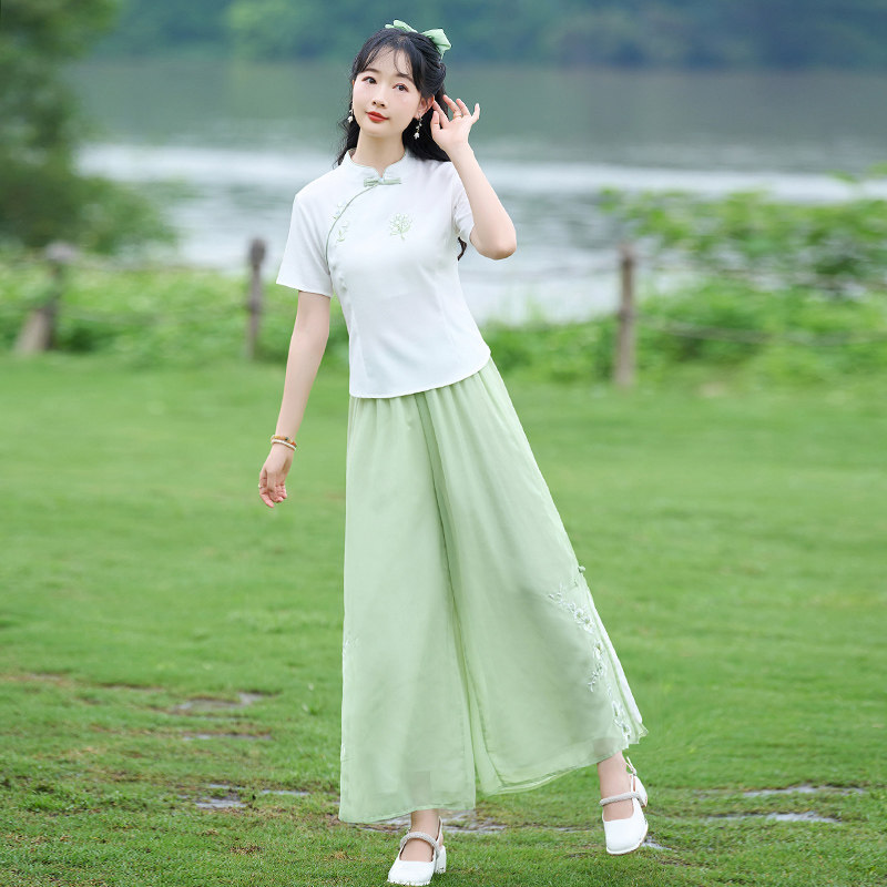 夏季款中国风改良短袖旗袍上衣汉服套装裤子女装唐装新中式工作服