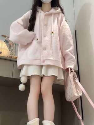 粉色连帽卫衣女春秋冬季新款小个子针织开衫加绒加厚外套韩系穿搭