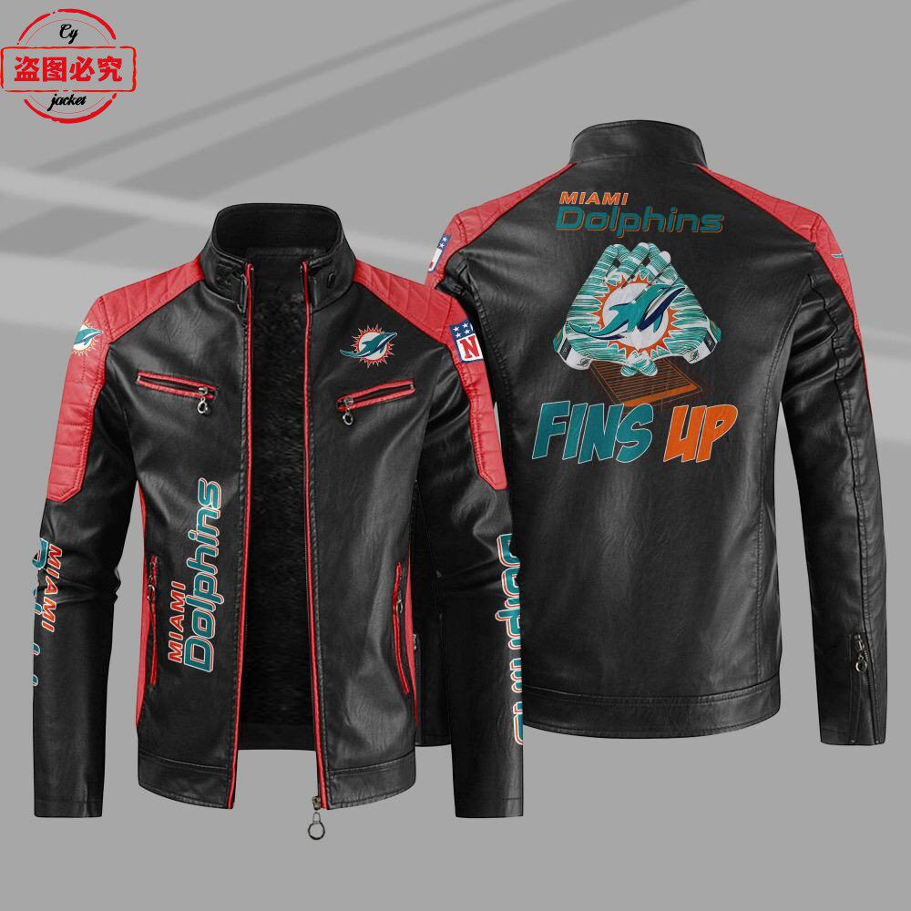 Miami dolphins橄榄球队LOGO印花水洗pu皮衣迈阿密海豚队服装夹克
