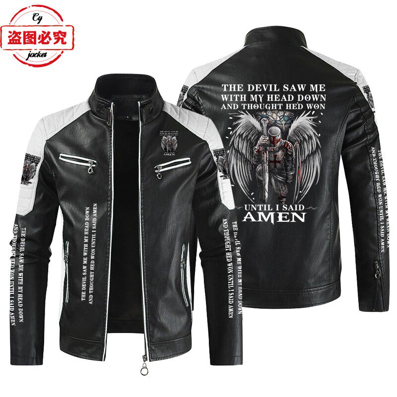 THE DEVIL印花机车服复古水洗pu皮衣防风四季款男摩托车骑行夹克