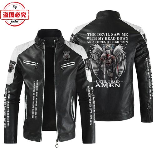 THE DEVIL印花机车服复古水洗pu皮衣防风四季款男摩托车骑行夹克