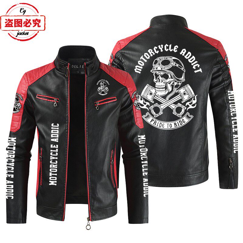 Motorcycle addict骷髅头印花机车服LOGO水洗pu皮衣防风骑行夹克