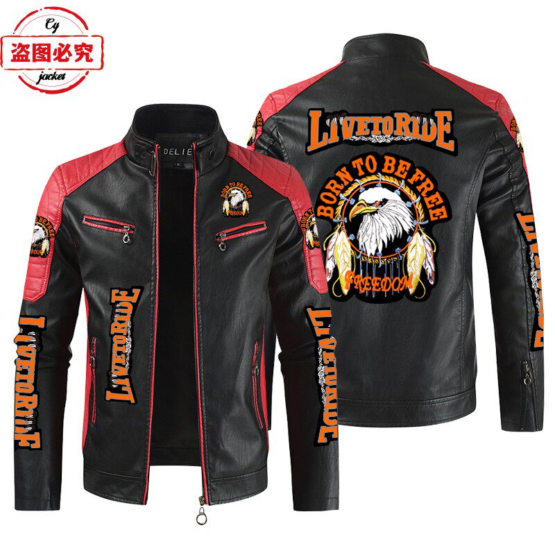 LIVE TO RIDE印花机车服LOGO复古水洗pu皮衣防风四季款男骑行夹克