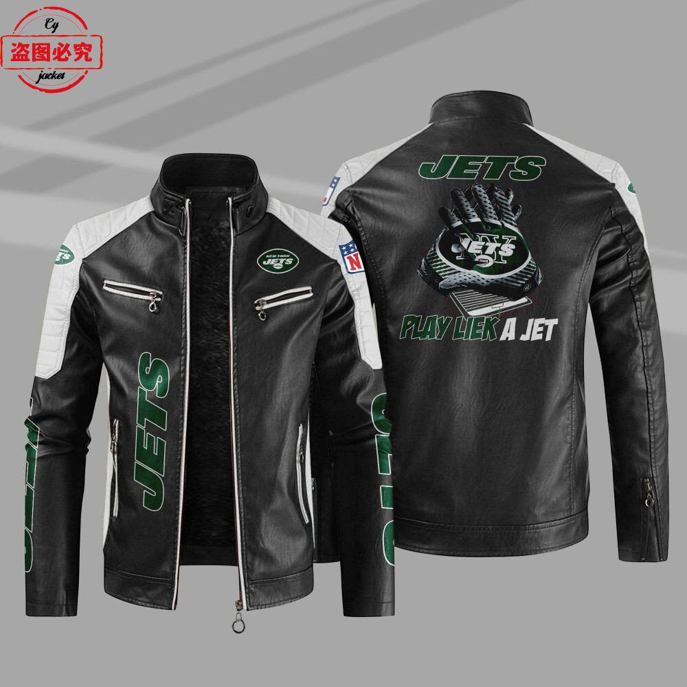 New York Jets橄榄球队LOGO印花水洗pu皮衣纽约喷气机队服夹克