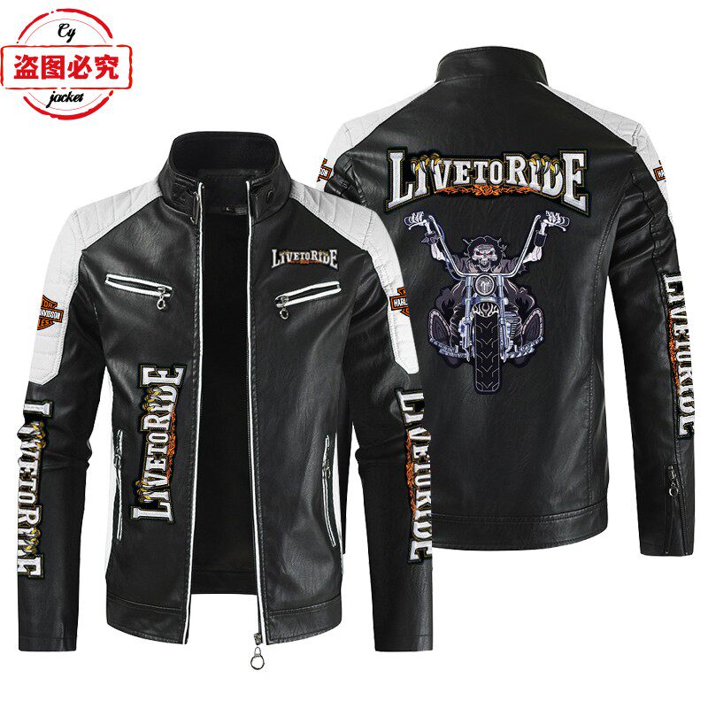 LIVE TO RIDE印花哈雷摩托车LOGO水洗pu皮衣防风款男士骑行夹克