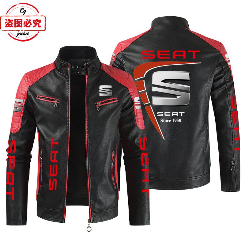 SEAT汽车标志印花皮夹克水洗PU皮衣防风西亚特赛车车队服工作服