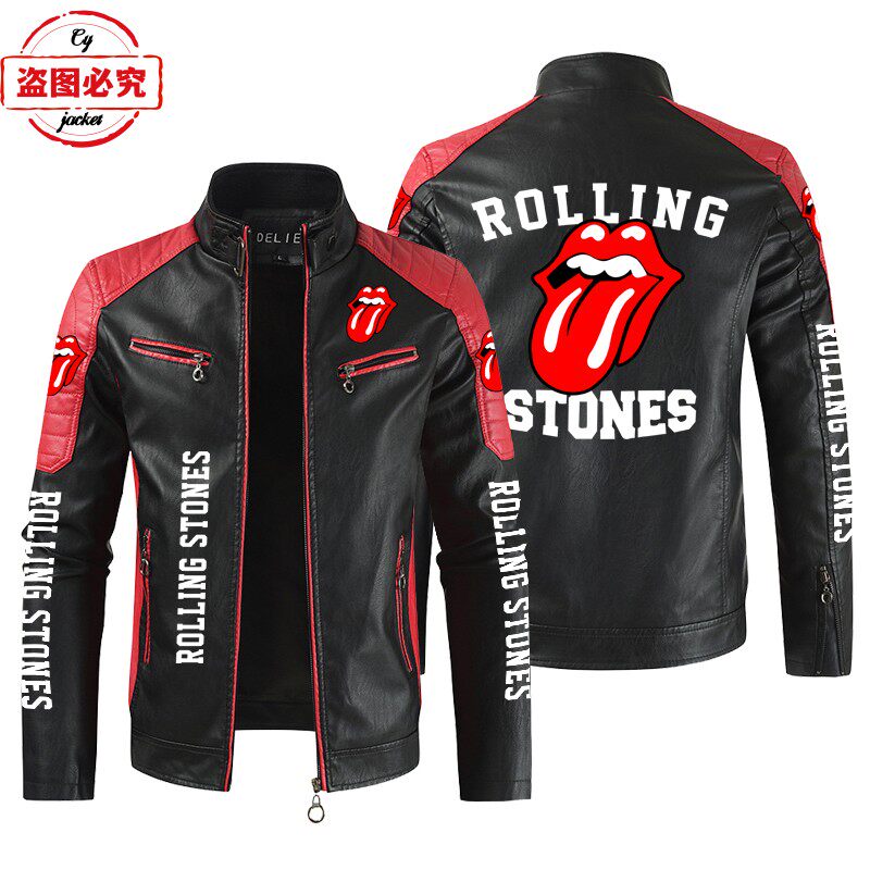 ROLLING STONES印花机车服水洗pu皮衣防风四季款男摩托车骑行夹克
