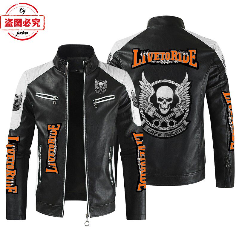 LIVE TO RIDE印花机车服LOGO复古水洗pu皮衣防风四季款男骑行夹克