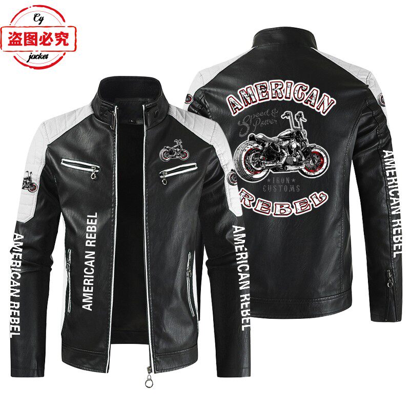 AMERICAN REBEL印花机车服LOGO水洗pu皮衣防风四季款男士骑行夹克