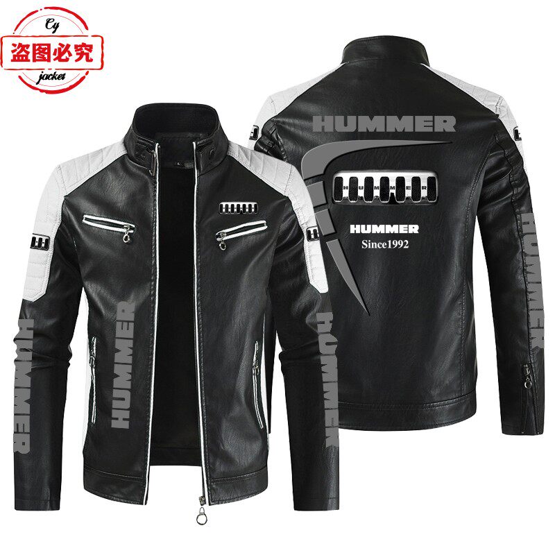 Hummer汽车LOGO印花赛车服PU皮衣立领防风悍马H2车队夹克工作服