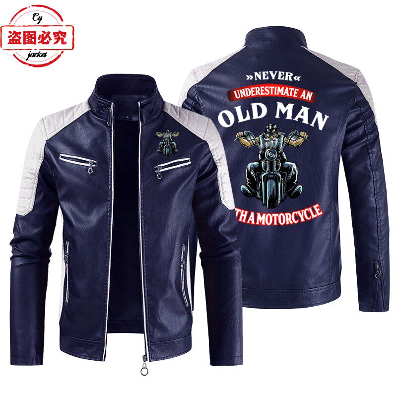 OLD MAN 印花机车服LOGO复古水洗pu皮衣防风款男士摩托车骑行夹克