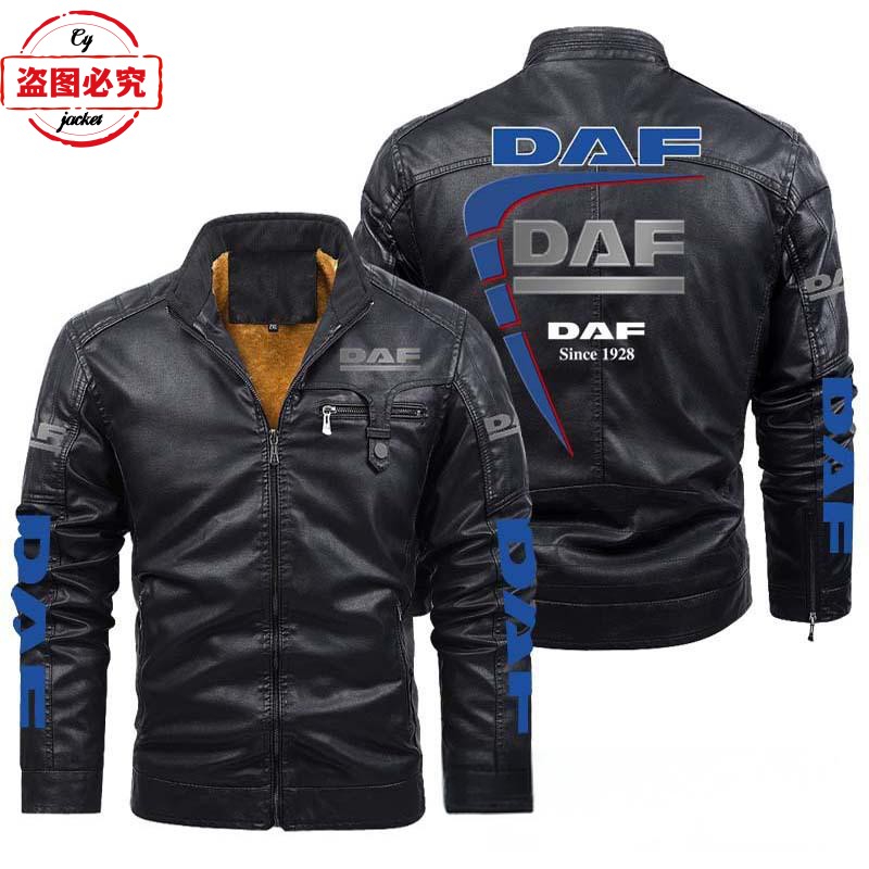 DAF卡车车标夹克防风冬季加绒保暖男士DAF车队工作服pu皮纯色夹克