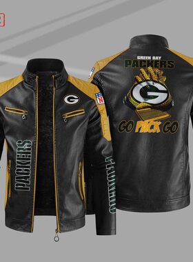 Green Bay Packers 橄榄球队LOGO印花pu皮衣绿湾包装工队服装夹克