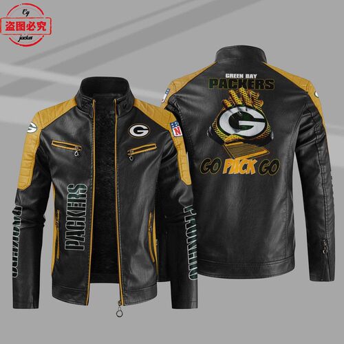Green Bay Packers 橄榄球队LOGO印花pu皮衣绿湾包装工队服装夹克