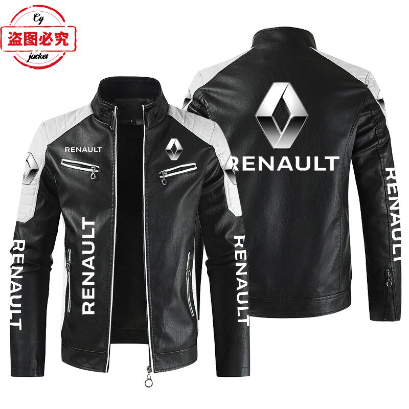 Renault汽车LOGO印花赛车服PU皮衣立领防风雷诺车队夹克工作服