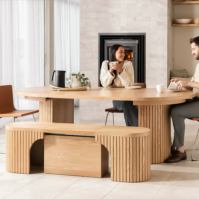 实木伸缩餐桌Transformer Round Table 长方形延长带储物变形餐桌