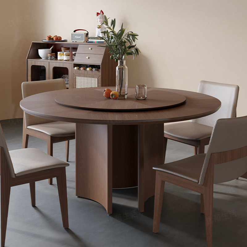 现代轻奢实木餐桌带转盘简约胡桃木色餐桌家用复古小户型大圆桌