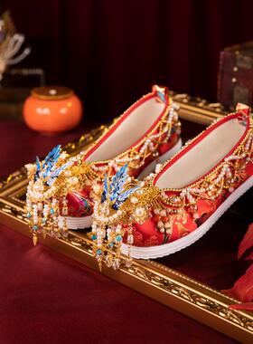 新娘结婚明制汉服婚鞋女重工流苏内增高红色秀禾婚鞋中式平底中式