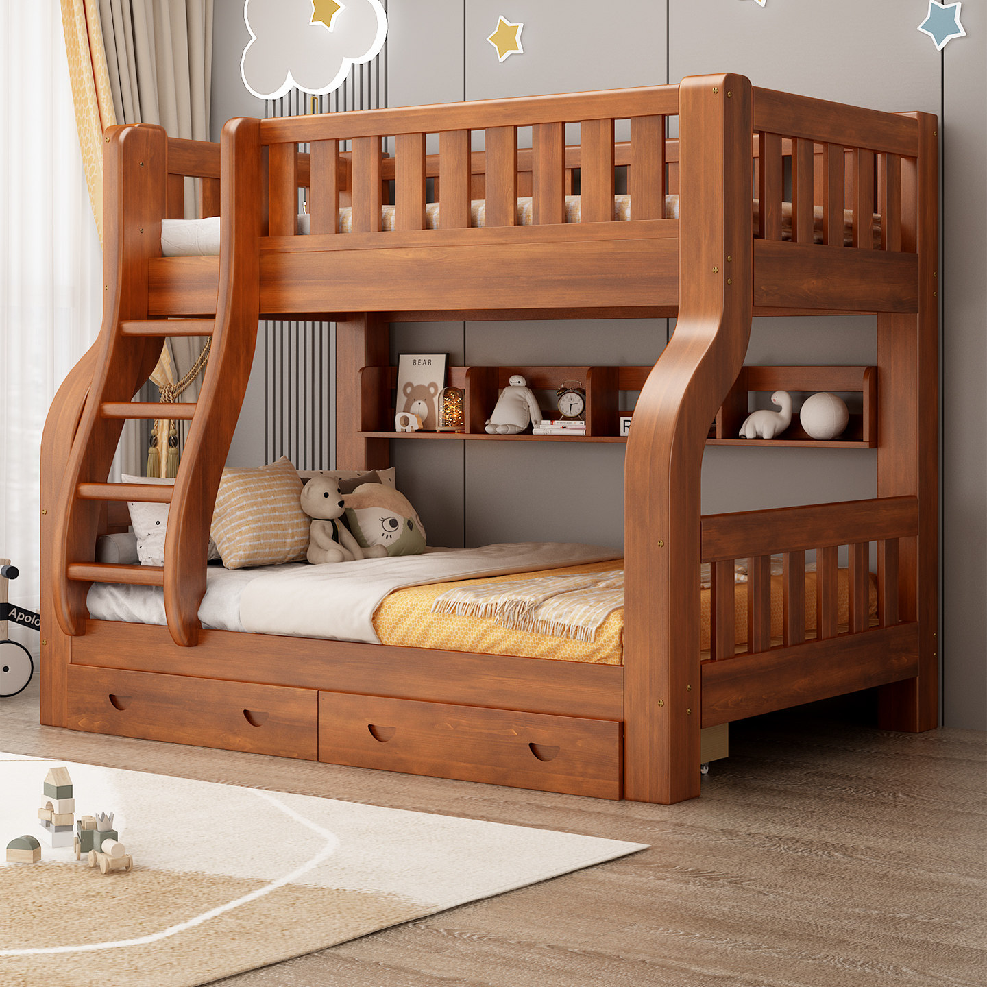 全实木子母床上下铺双层床高低床多功能组合儿童床上下床两层木床