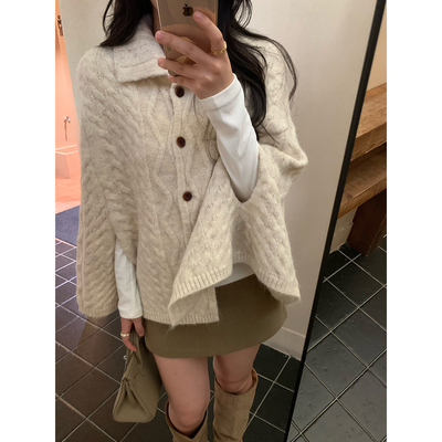 daydayicy 北欧画坊 小翻领绞花斗篷外套