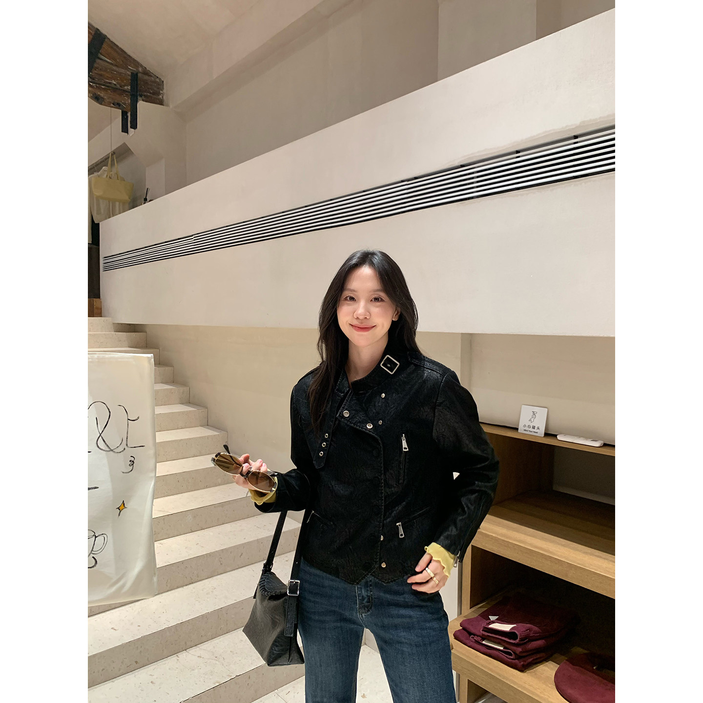 daydayicy 曼城旧事 黑色麂皮外套女秋冬酷飒复古立领短款夹克