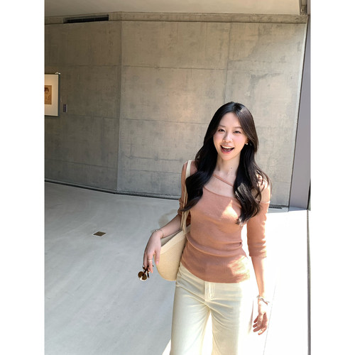 daydayicy 清潭洞欧尼 粉色针织衫女夏季修身显瘦斜肩上衣