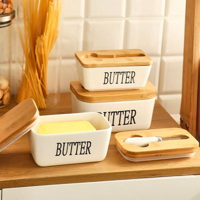 Butter Box Sealing With Wood Lid Knife Food Dish Ceramic