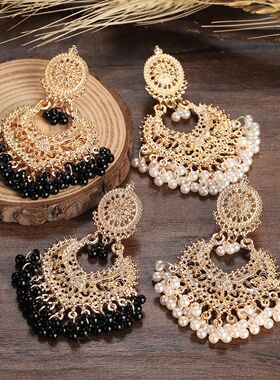 印度风格金色Jhumka耳环 天然淡水珍珠民族风耳饰 女性流行金属耳