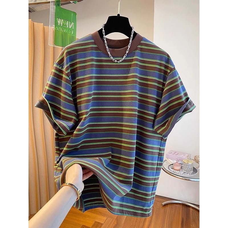 外贸出口尾货清仓捡漏~夏季短袖T恤男装女装条纹撞色纯棉宽松上衣