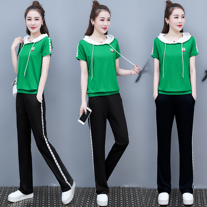 断码清货运动服套装女夏季时尚休闲两件套连帽短袖T恤跑步服纯棉