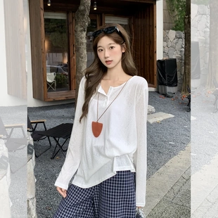 长袖 t恤女2025夏季 微透薄款 防晒罩衫 上衣 新款 显瘦宽松慵懒基础款