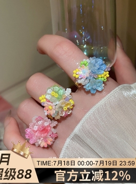 花朵米珠树脂开口戒指森系清新甜美食指戒小众高级感气质手饰