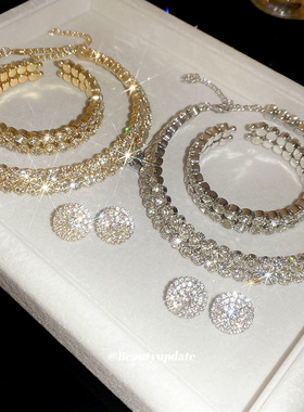 镶钻圆形双层项链手镯耳钉宫廷风气质百搭首饰套装轻奢感饰品