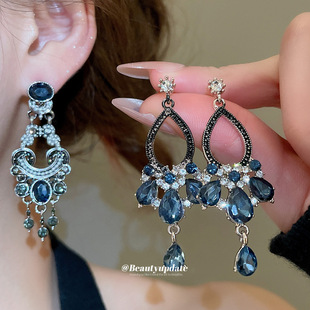 银针镶钻椭圆形珍珠流苏吊坠耳环复古宫廷风耳钉轻奢感耳饰女