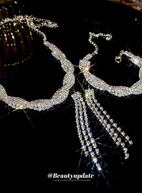 欧美夸张镶钻几何项链三件套小众时尚锁骨链轻奢高级感气质项饰女