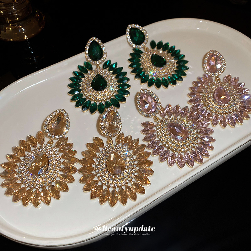 银针满钻超闪水滴形花朵耳钉欧美夸张大气耳环复古气质耳饰高级感