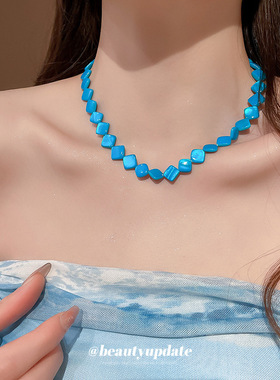 钛钢菱形贝壳串珠项链海边度假风气质锁骨链清新甜美时尚百搭颈链