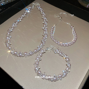 施家珍珠曼塔玫瑰锆石串珠花形项链优雅气质锁骨链轻奢高级感颈链