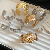 欧美金属感褶皱纹路螺旋花朵开口手镯时尚 百搭手环小众设计感手饰