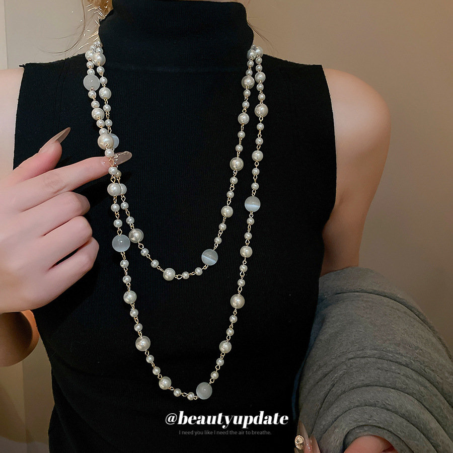 法式珍珠猫眼石圆形串珠叠带水晶项链宫廷风颈链轻奢感毛衣链