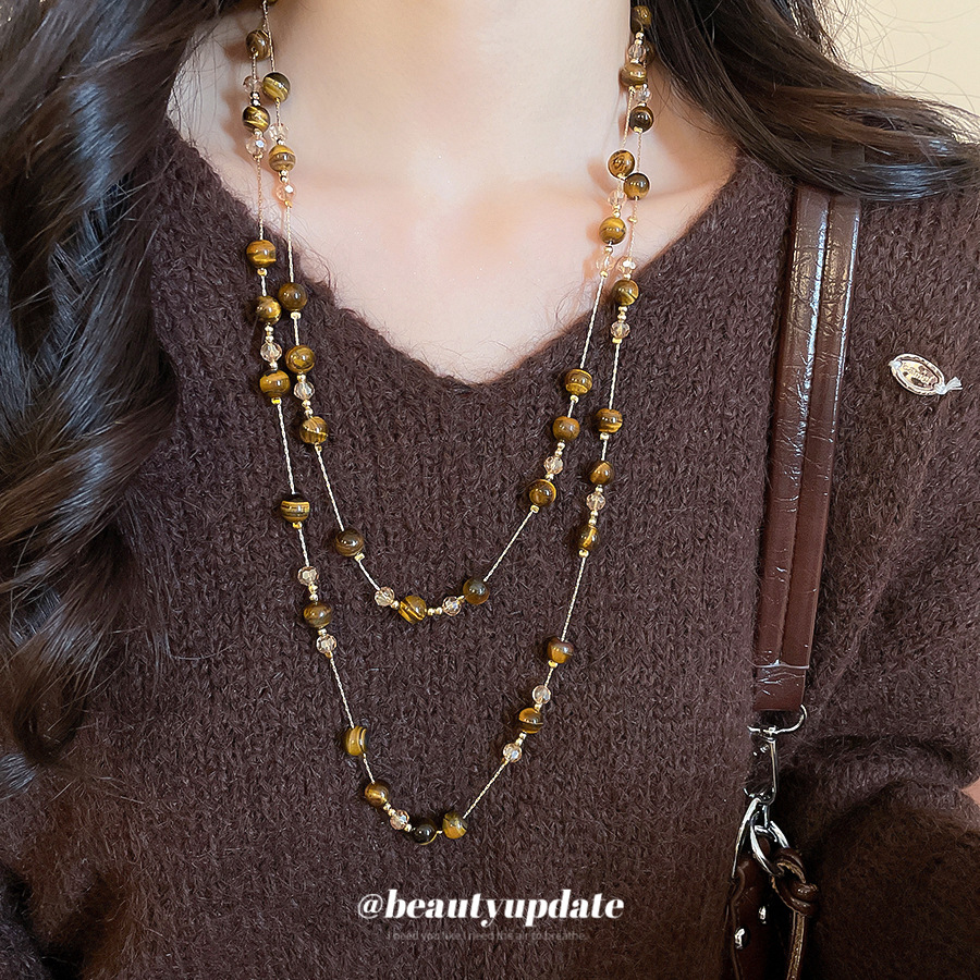 复古虎眼石珠串珠叠带水晶项链美拉德风锁骨链小众设计感毛衣链女