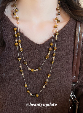 复古虎眼石珠串珠叠带水晶项链美拉德风锁骨链小众设计感毛衣链女