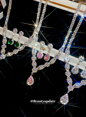 锆石水滴吊坠项链耳环套装轻奢高级感锁骨链女复古宫廷风饰品