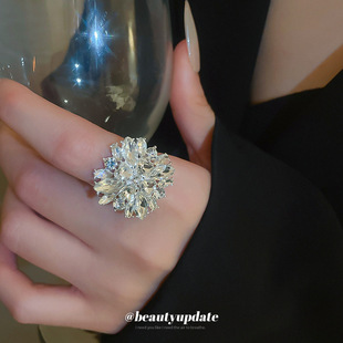 跨境超闪镶钻花朵戒指女小众百搭时尚指环气质轻奢高级感手饰