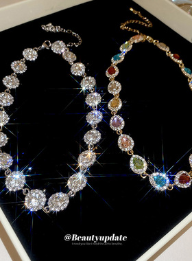 中古vintage水滴镶钻彩色项链复古高级感锁骨链轻奢宫廷风颈链女